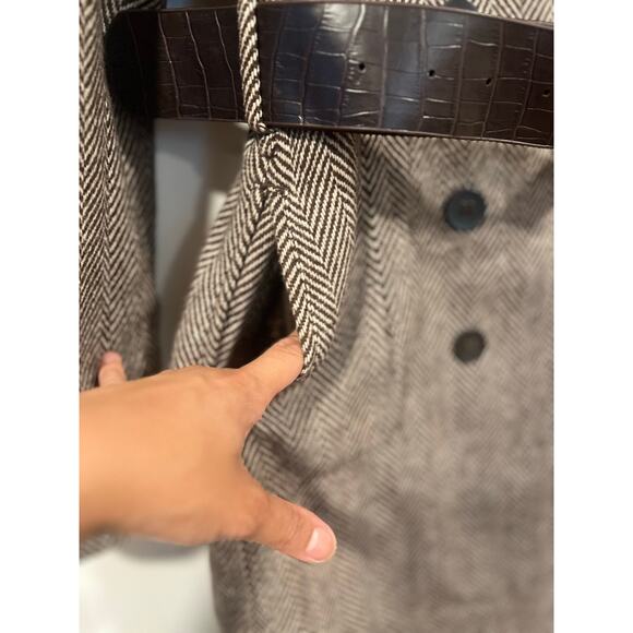 ZARA Womens Wool Belted Trench Coat M Brown Embossed Croc Vegan Belt - Picture 6 of 9